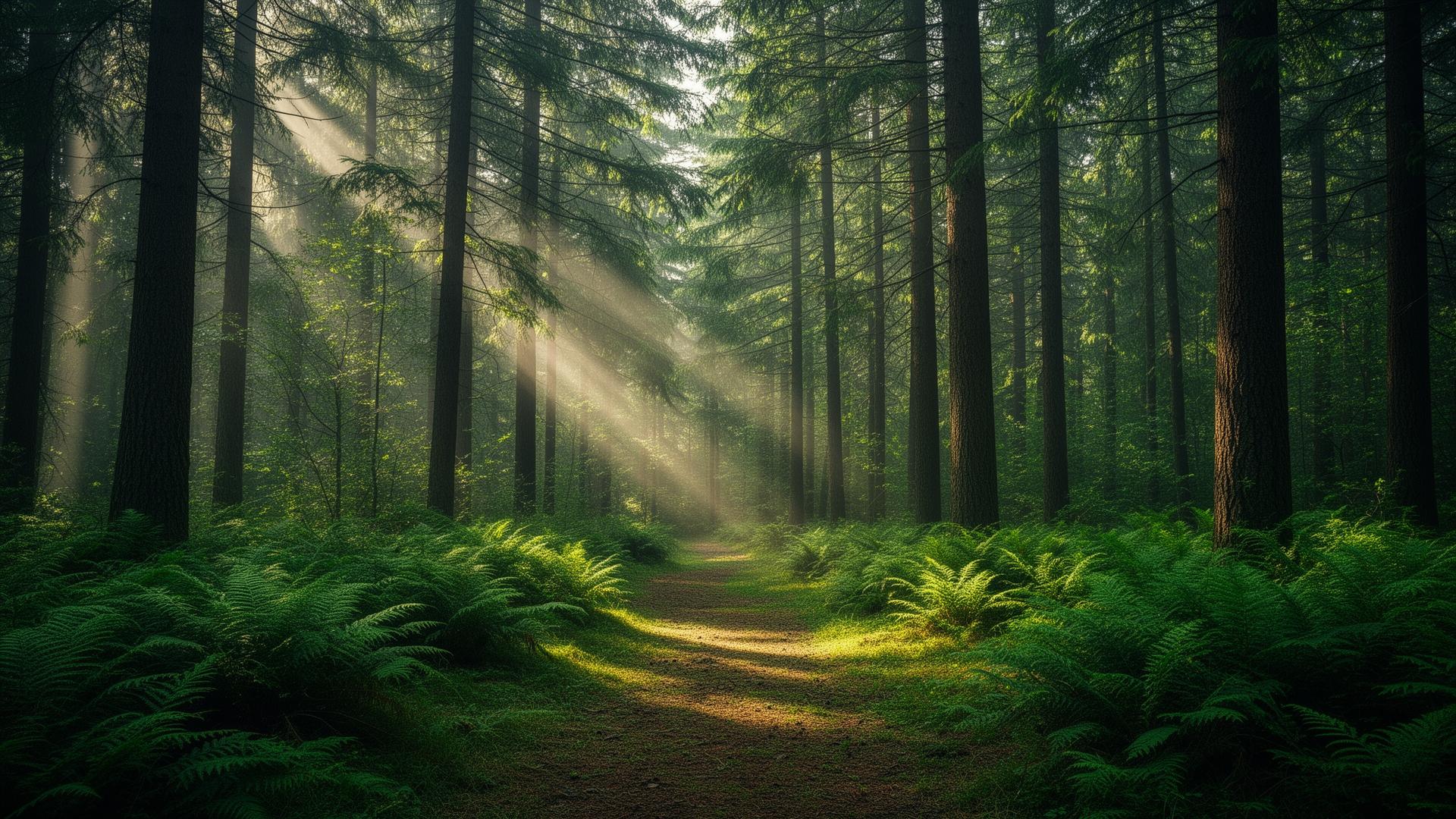 Sunlight streaming through a lush green forest